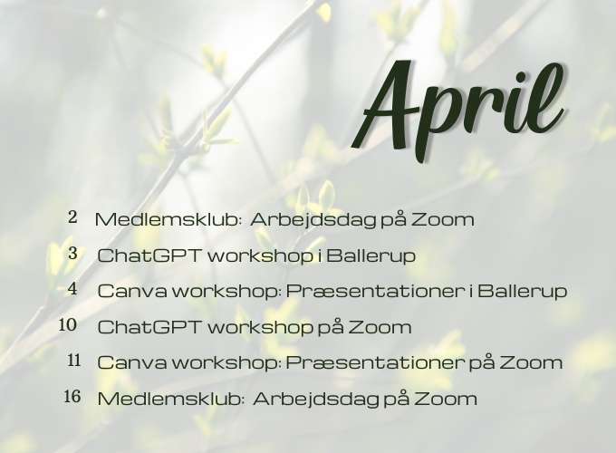 Kalender for april måned - workshops og medlemsklub