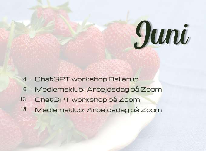 Kalender for juni måned - workshops og medlemsklub