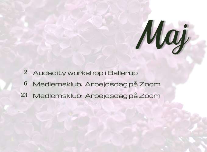 Kalender for maj måned - workshops og medlemsklub