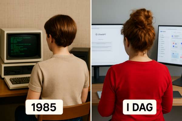40 års jubilæum som IT-Instruktør 1985-2025.   Mig der sidder ved en gammel pc i 1985 og med ChatGPT på skærmen i dag.