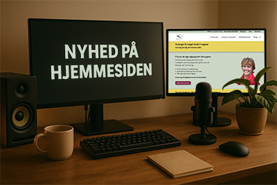 Nyhed på hjemmesiden. Vist på en skærm på et skrivebord - med min hjemmeside vist på skærmen ved siden af.