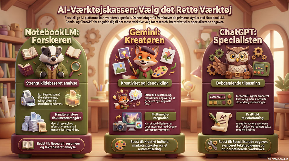 Overblik over AI workshops: ChatGPT, Gemini og NotebookLM hos Dolphin Consult og Heidi Bille.