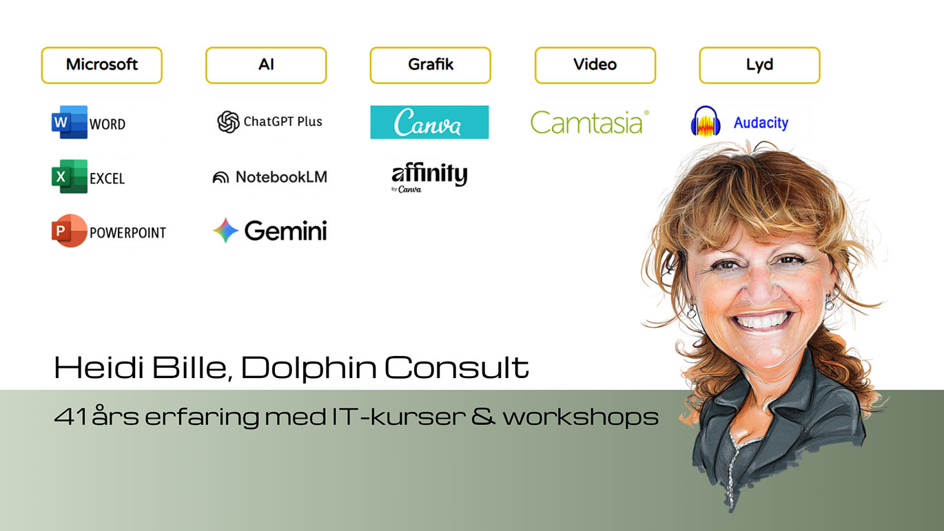 41 års undervisningserfaring med IT-kurser. Word, Excel, Powerpoint, ChatGPT, NotebookLM, Gemini, Canva, Affinity by Canva, Camtasia og Audacity. Billeder af program logoer